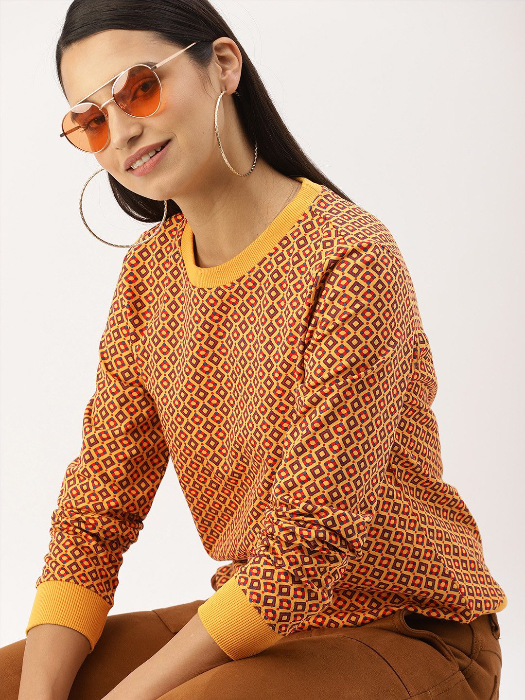 

DressBerry Women Mustard Yellow & Navy Blue Printed Sweatshirt