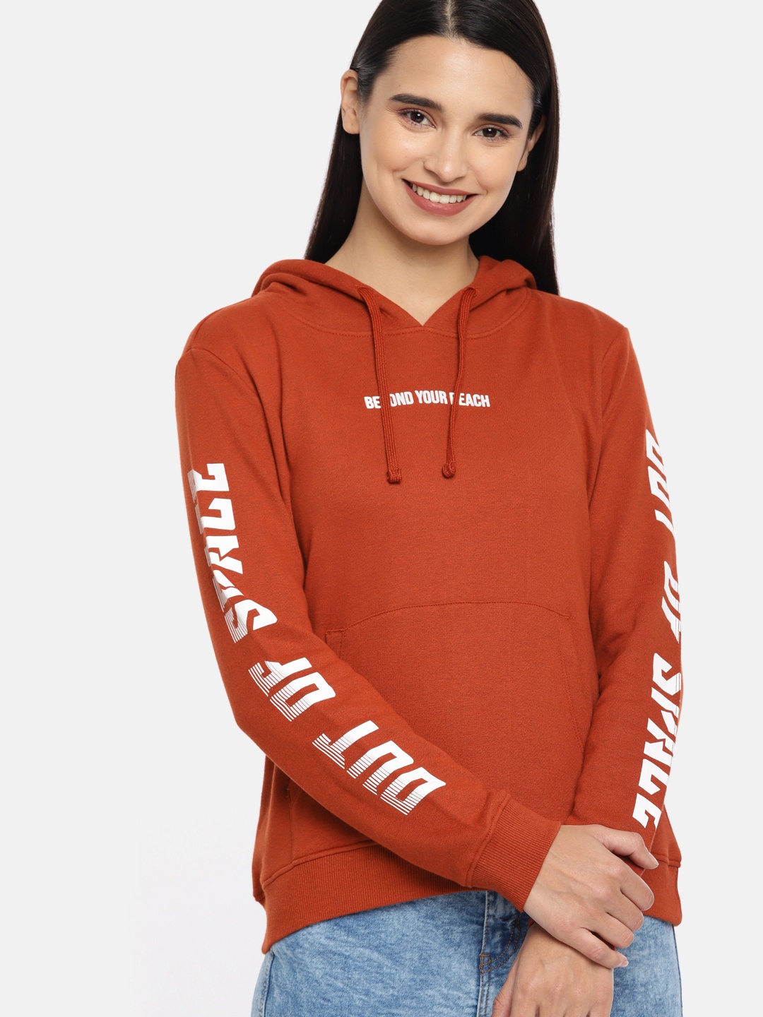 

DressBerry Women Rust Orange Solid Hooded Pullover Sweatshirt