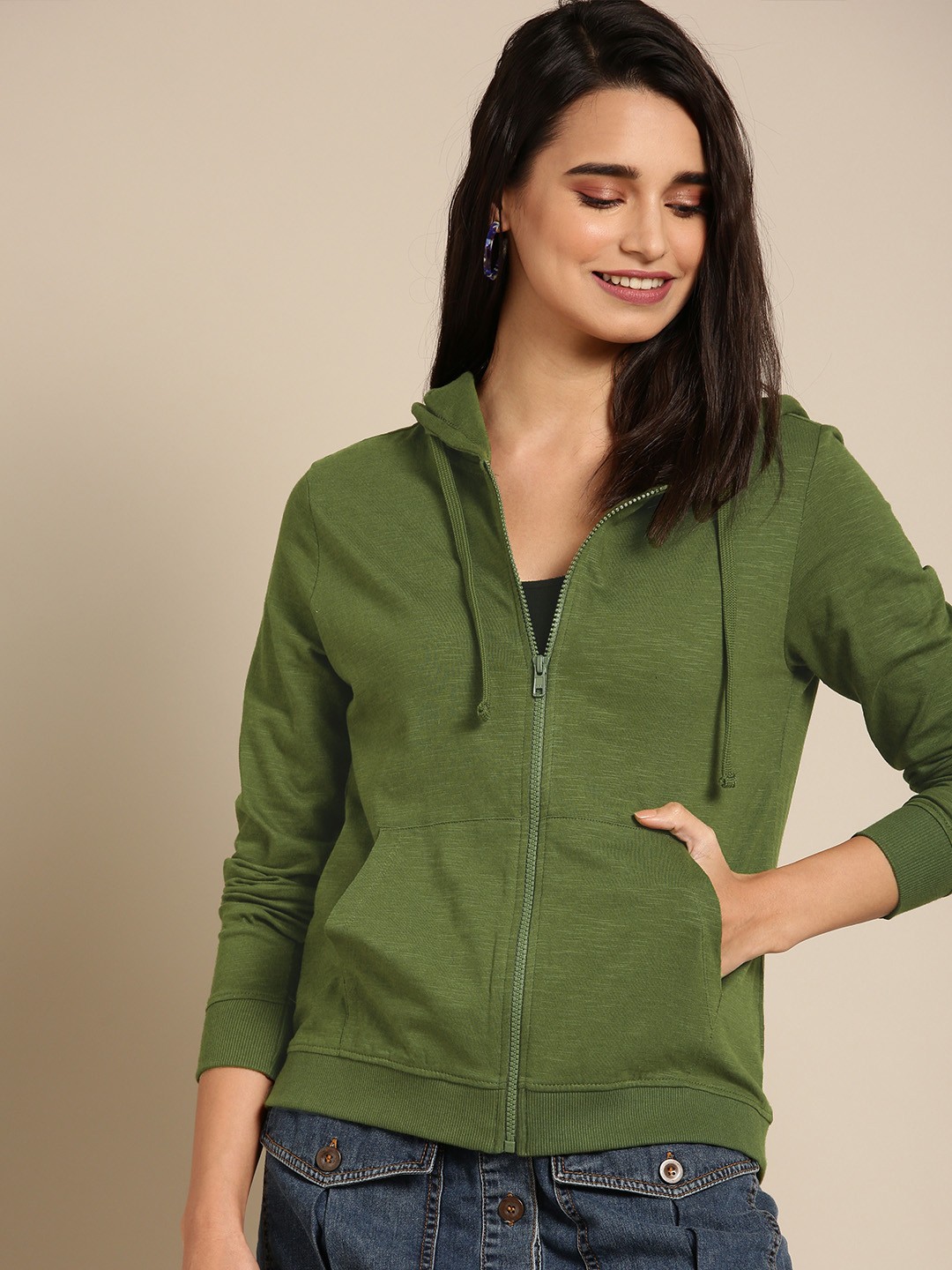 

DressBerry Women Olive Green Solid Hooded Sweatshirt