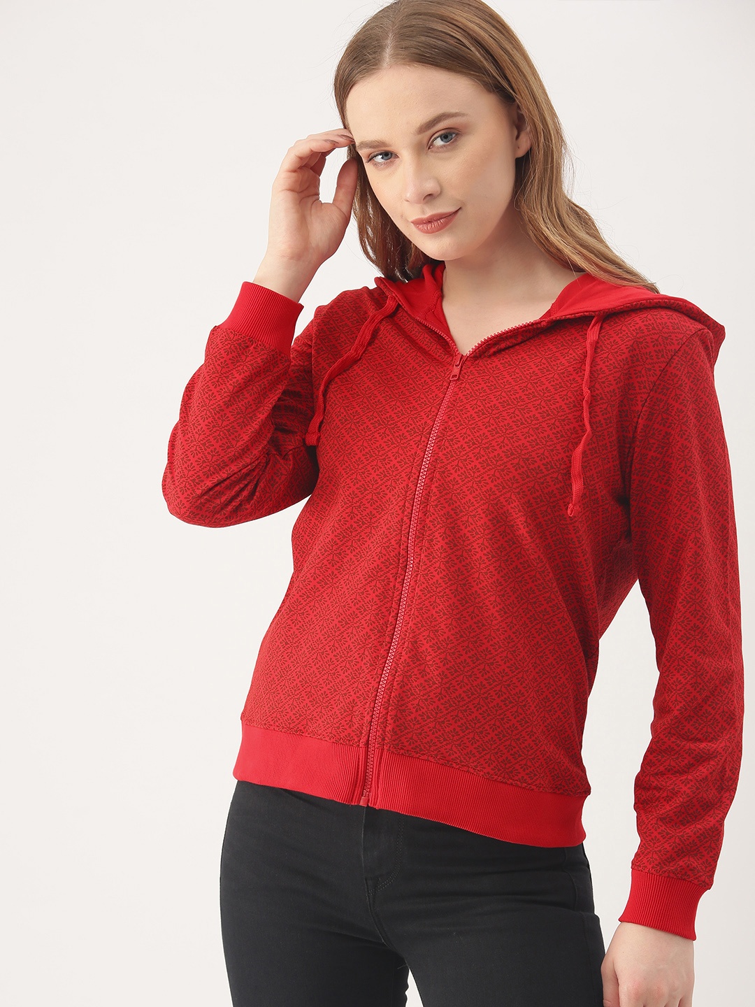 

DressBerry Women Red Printed Hooded Sweatshirt