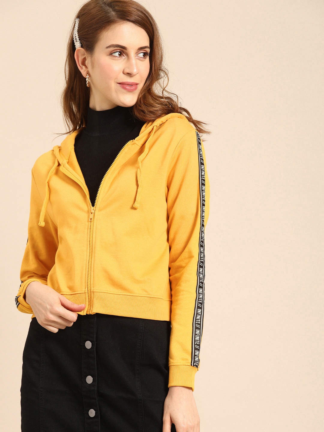 

DressBerry Women Yellow Solid Hooded Sweatshirt