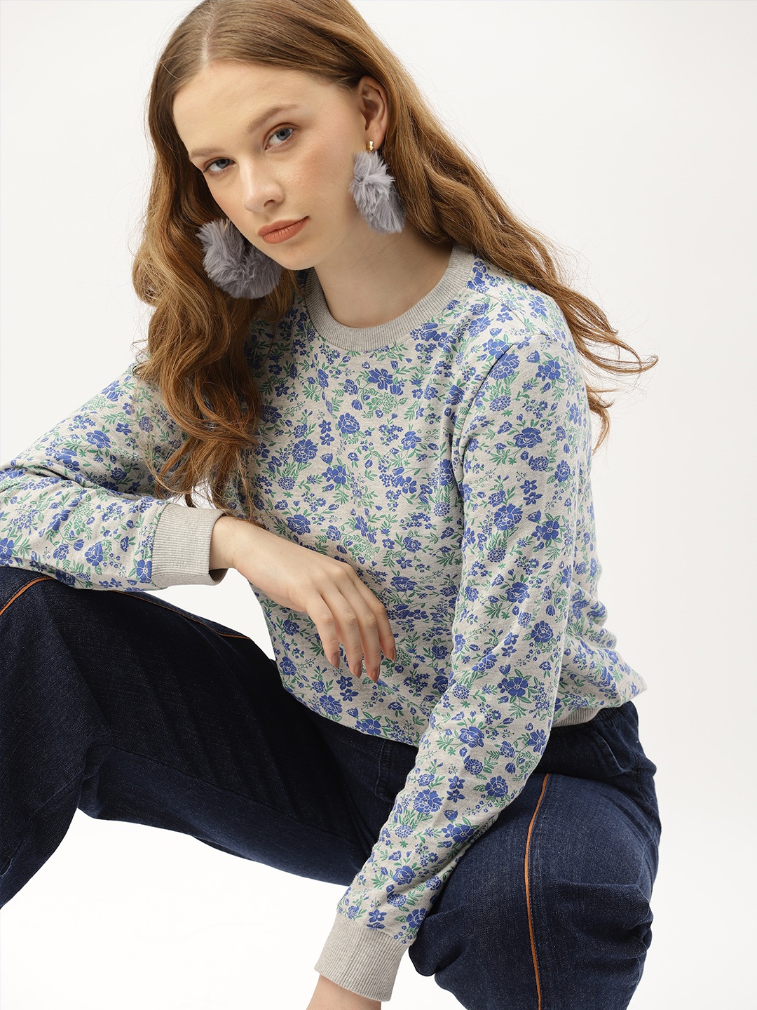 

DressBerry Women Grey & Blue Printed Sweatshirt