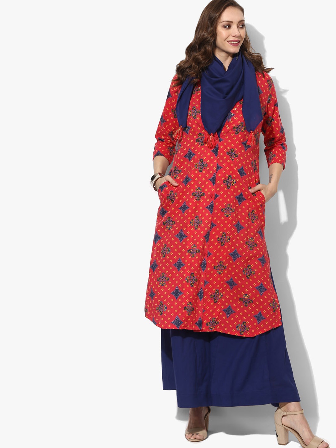 

Sangria Women Red & Navy Blue Printed Kurta with Palazzos & Dupatta