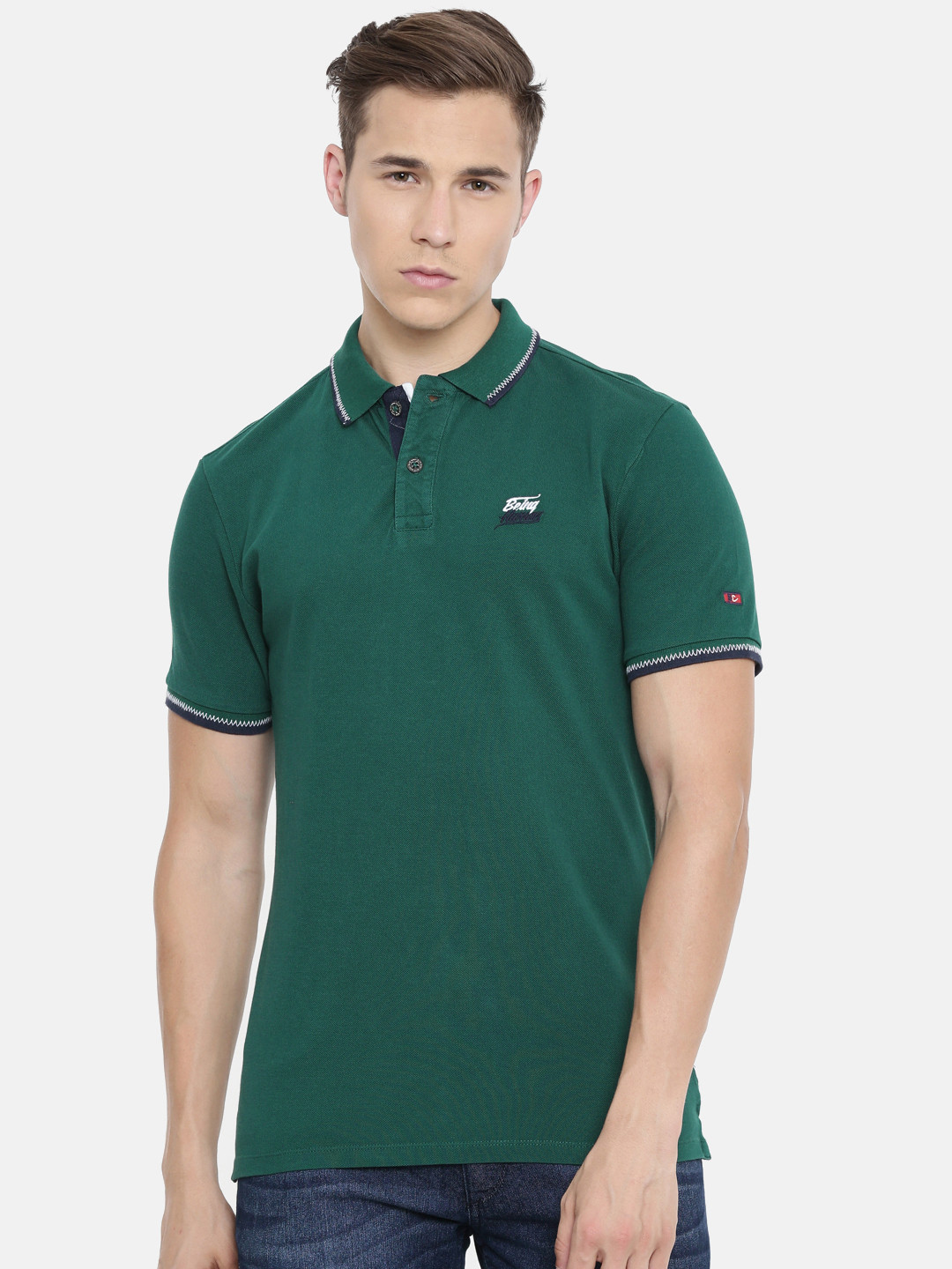 

Being Human Clothing Men Green Solid Polo Collar Pure Cotton T-shirt