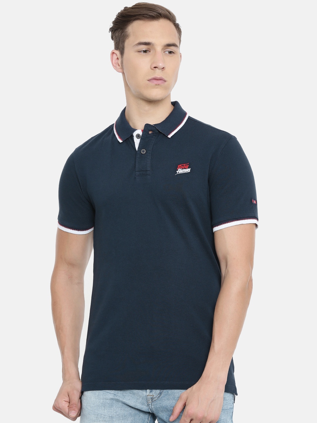 

Being Human Men Navy Blue Solid Polo Collar Pure Cotton T-shirt