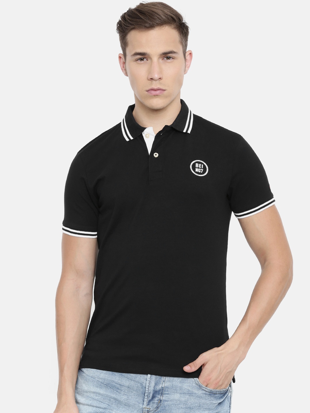 

Being Human Clothing Men Black Solid Polo Collar T-shirt
