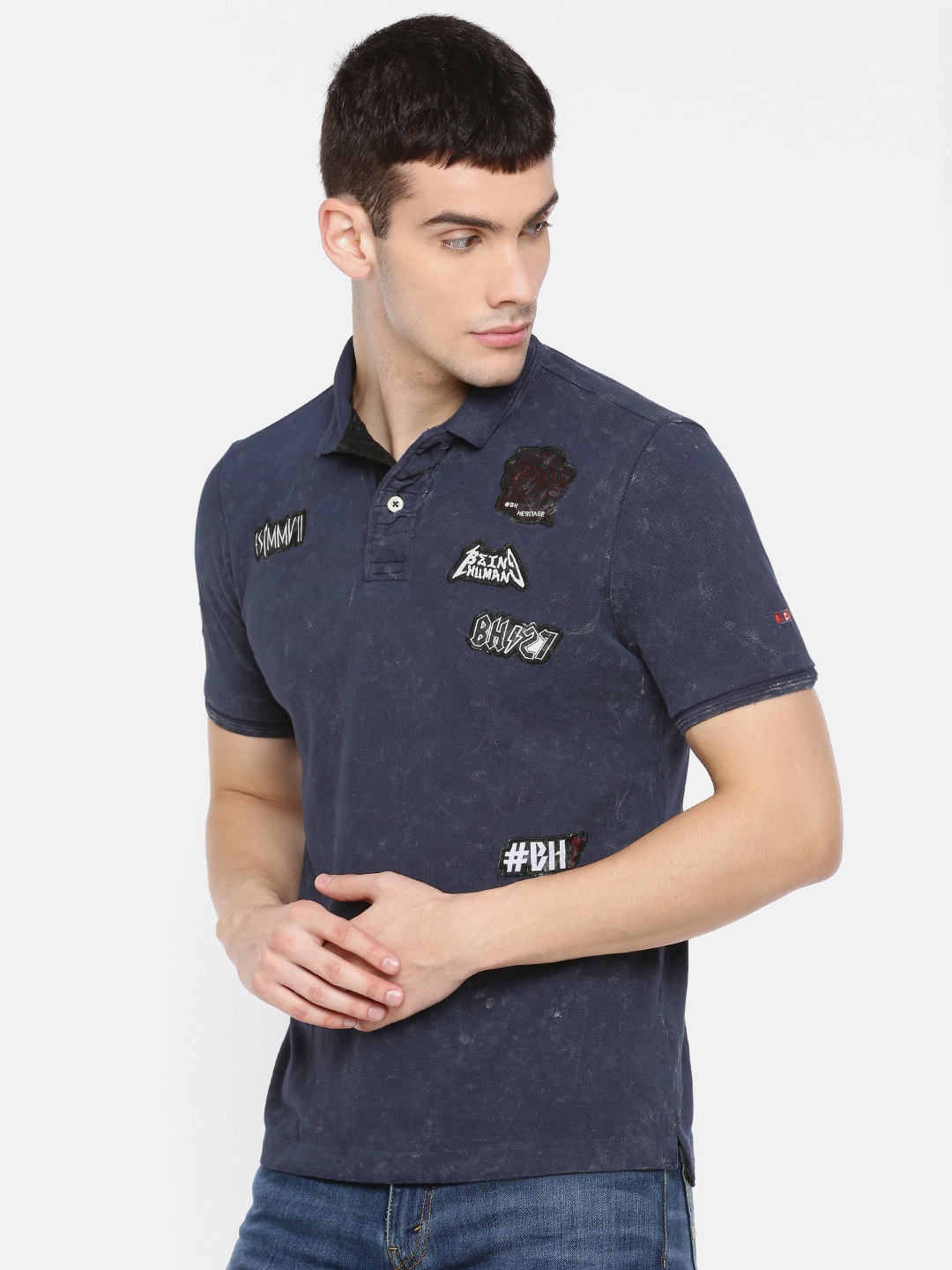 

Being Human Clothing Men Navy Blue Solid Polo Collar Pure Cotton T-shirt
