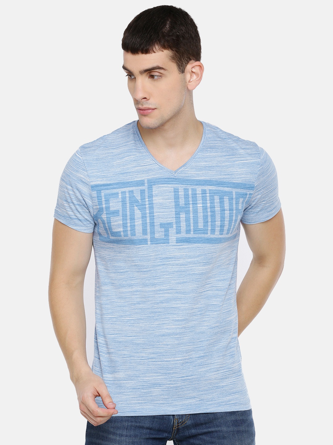 

Being Human Clothing Men Blue Self Design V-Neck T-shirt