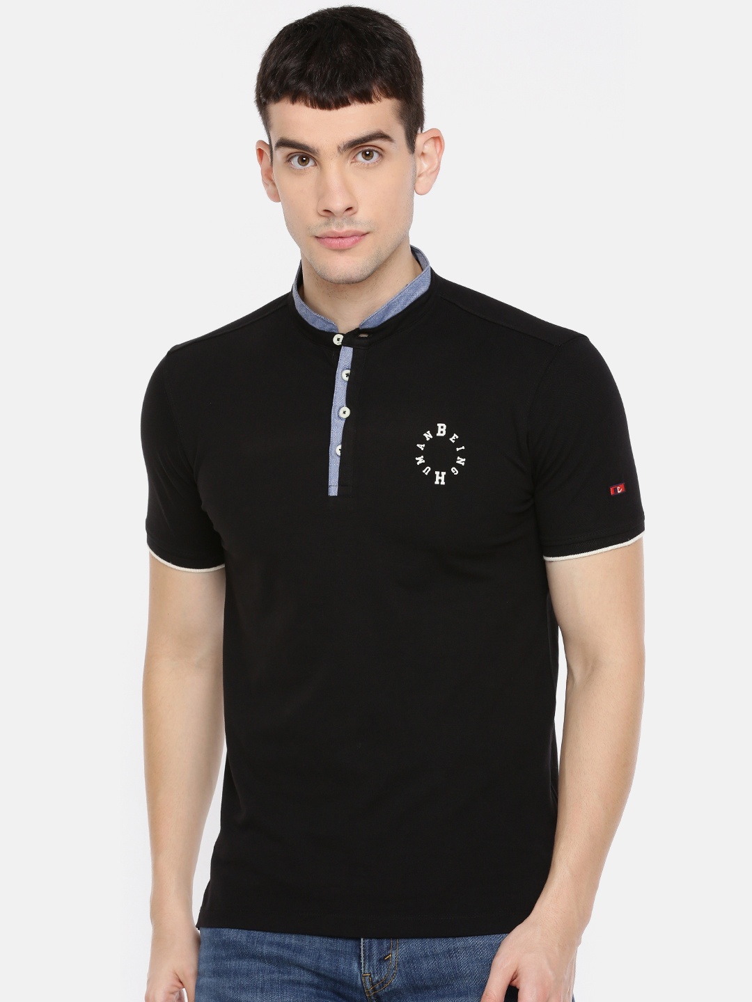 

Being Human Clothing Men Black Solid Mandarin Collar T-shirt