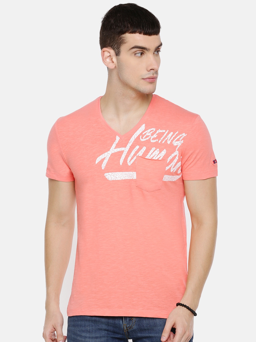 

Being Human Clothing Men Peach-Coloured Solid V-Neck T-shirt