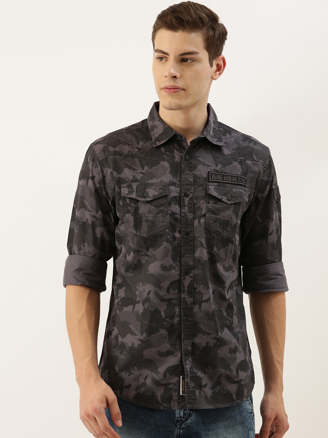 

Being Human Men Grey Tailored Fit Printed Casual Shirt