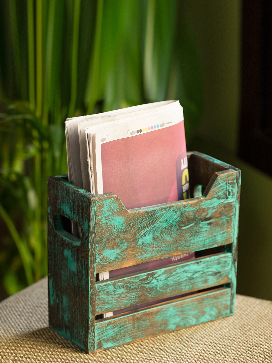 

ExclusiveLane Teal Blue Handmade Antique Finish Wooden Magazine Organisers, Green