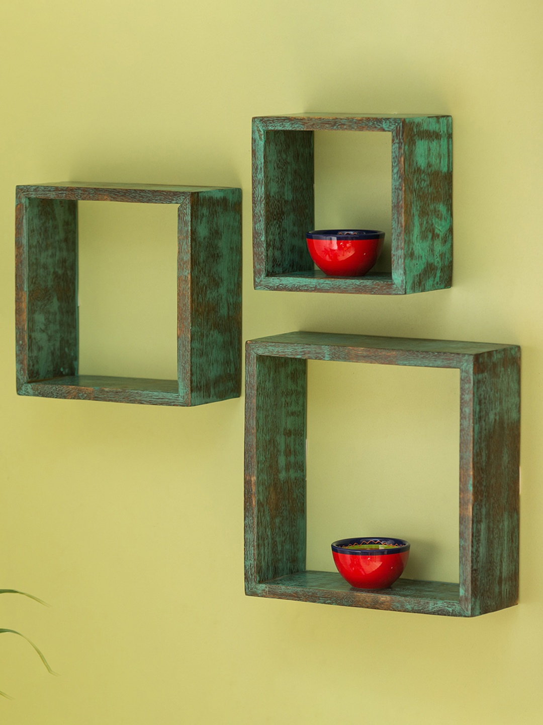 

ExclusiveLane Set of 3 Sea Green Rustic Squares Antique Finish Mango Wooden Wall Shelves