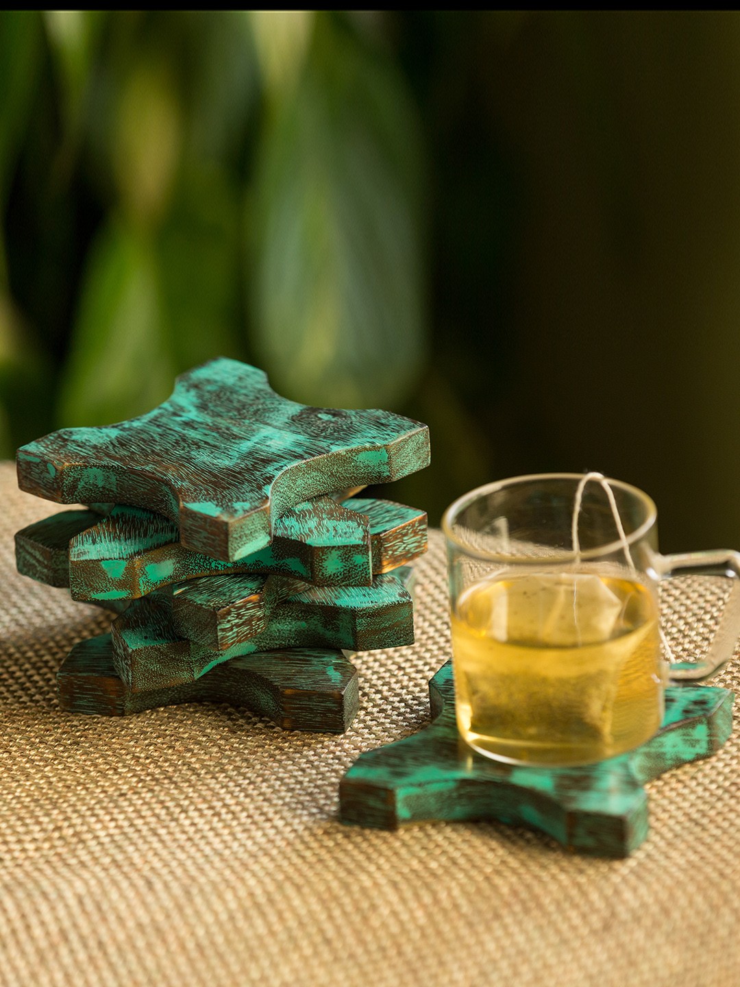 

ExclusiveLane Set of 6 Green Brown Handmade Mango Wood Antique Finish Coasters