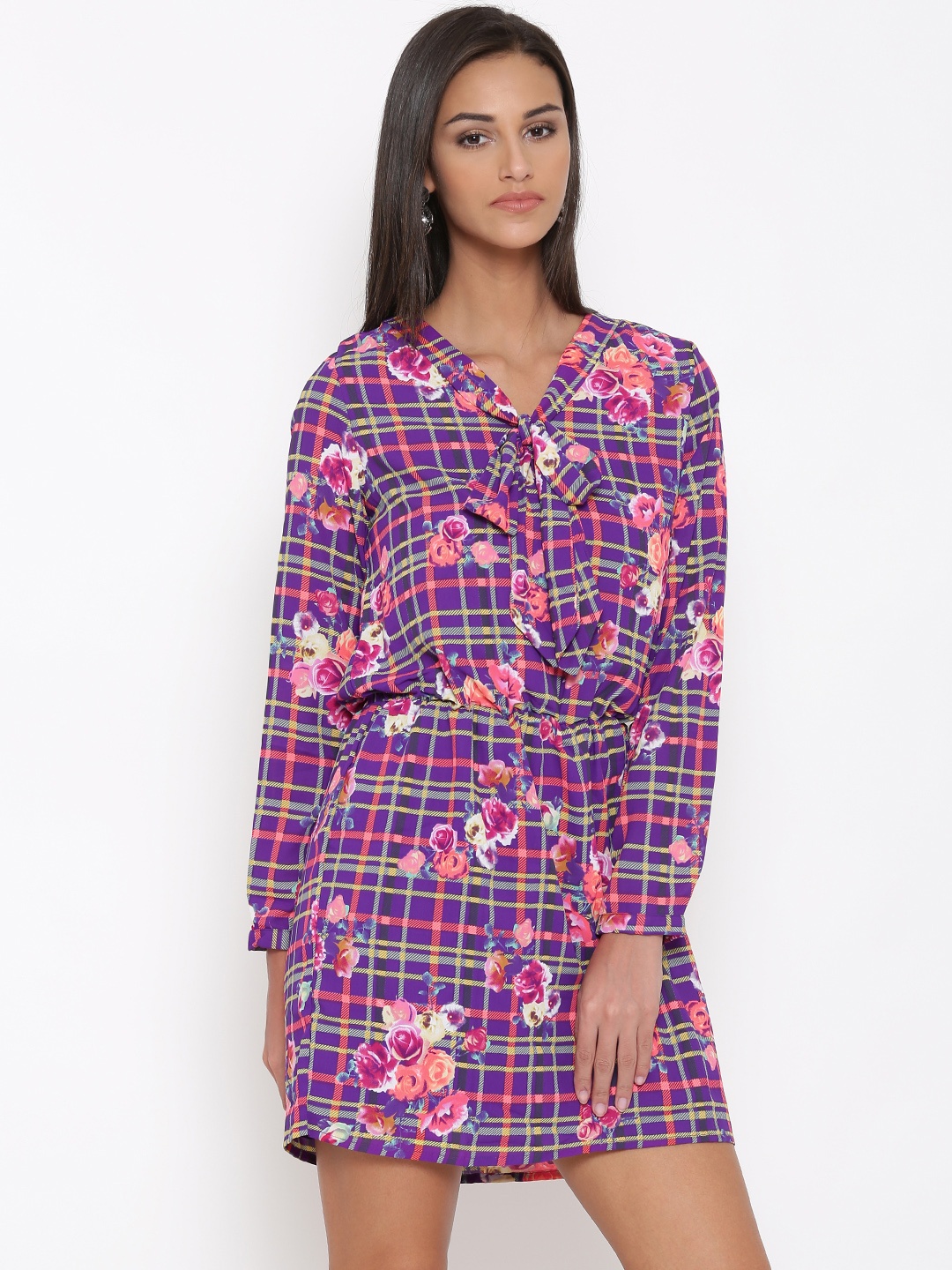 

Tokyo Talkies Purple Floral Print & Checked Blouson Dress