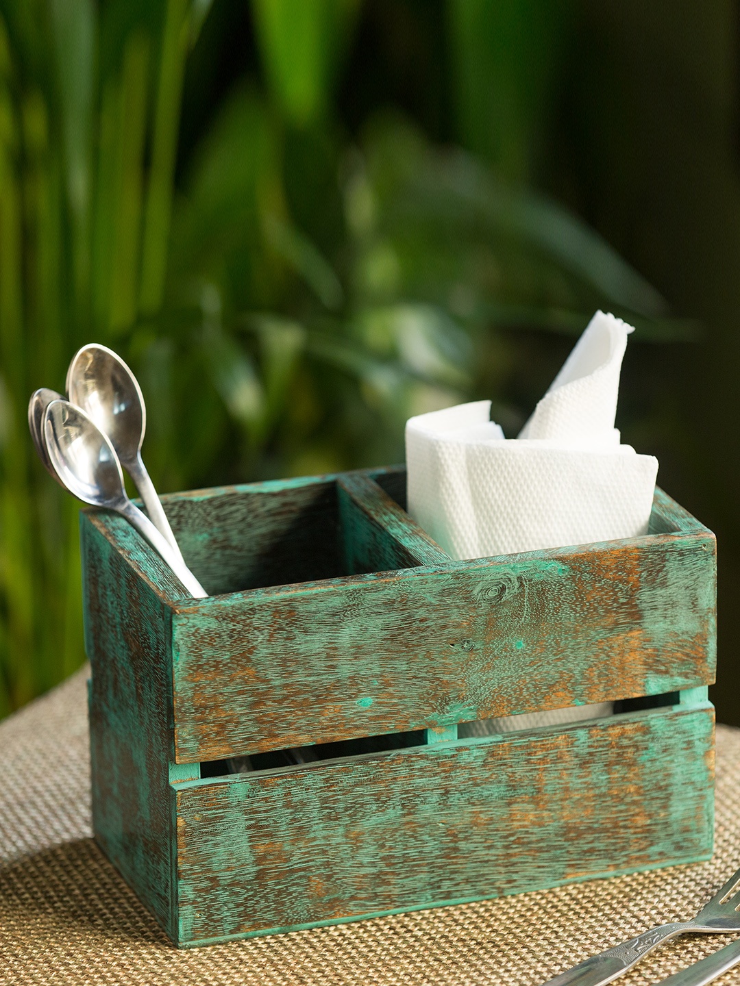

ExclusiveLane Teal Green Brown Handmade Textured Wooden Antique Finish Cutlery Holder