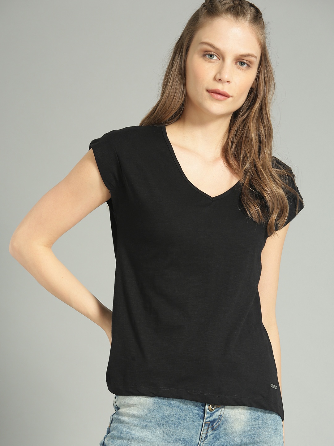 

The Roadster Lifestyle Co Women Black Solid V-Neck Pure Cotton T-shirt