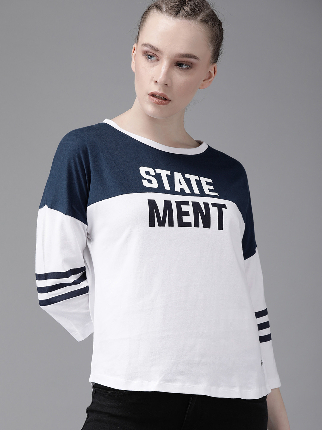 

The Roadster Lifestyle Co Women Navy Blue White Printed Round Neck Pure Cotton T-shirt