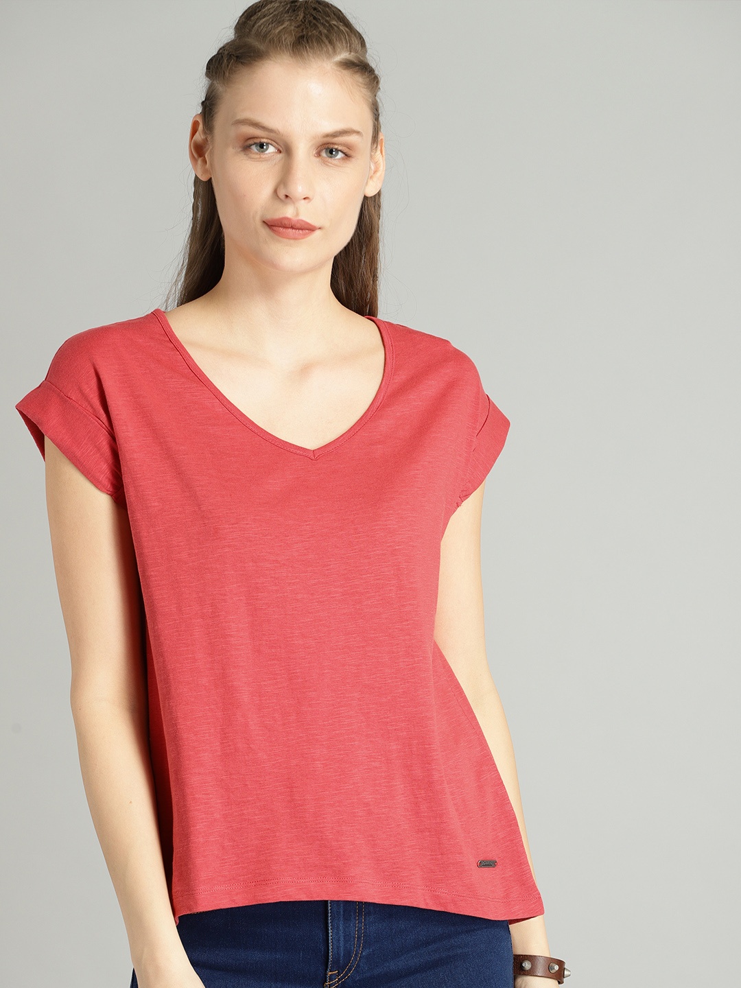 

The Roadster Lifestyle Co Women Red Solid V-Neck Pure Cotton T-shirt