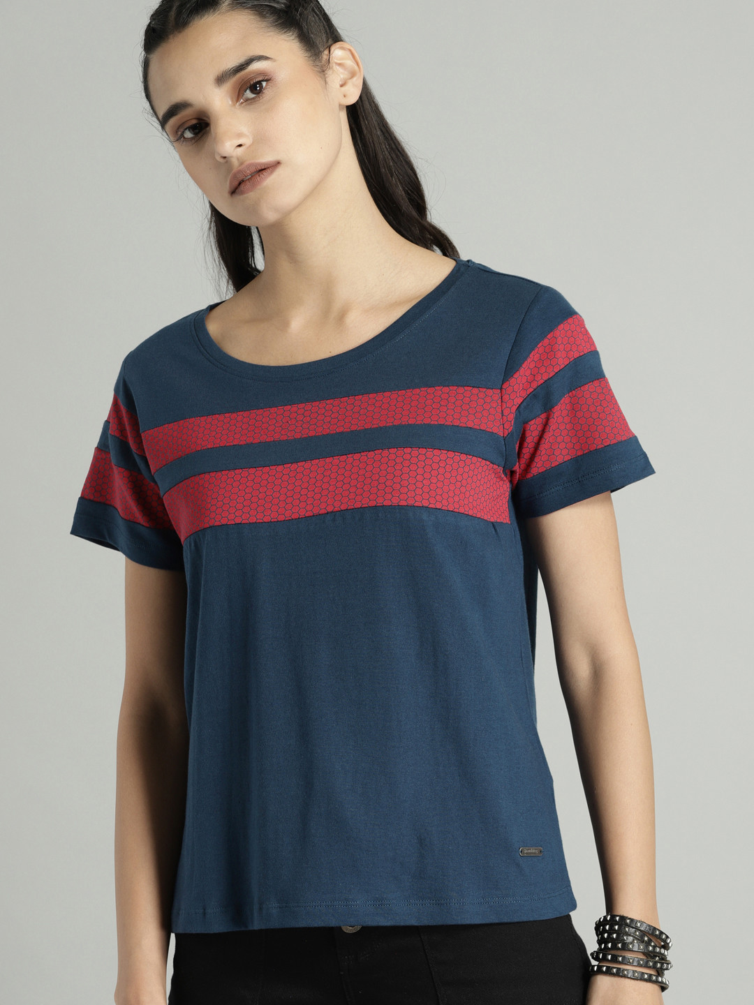 

The Roadster Lifestyle Co Women Blue Striped Round Neck Pure Cotton T-shirt