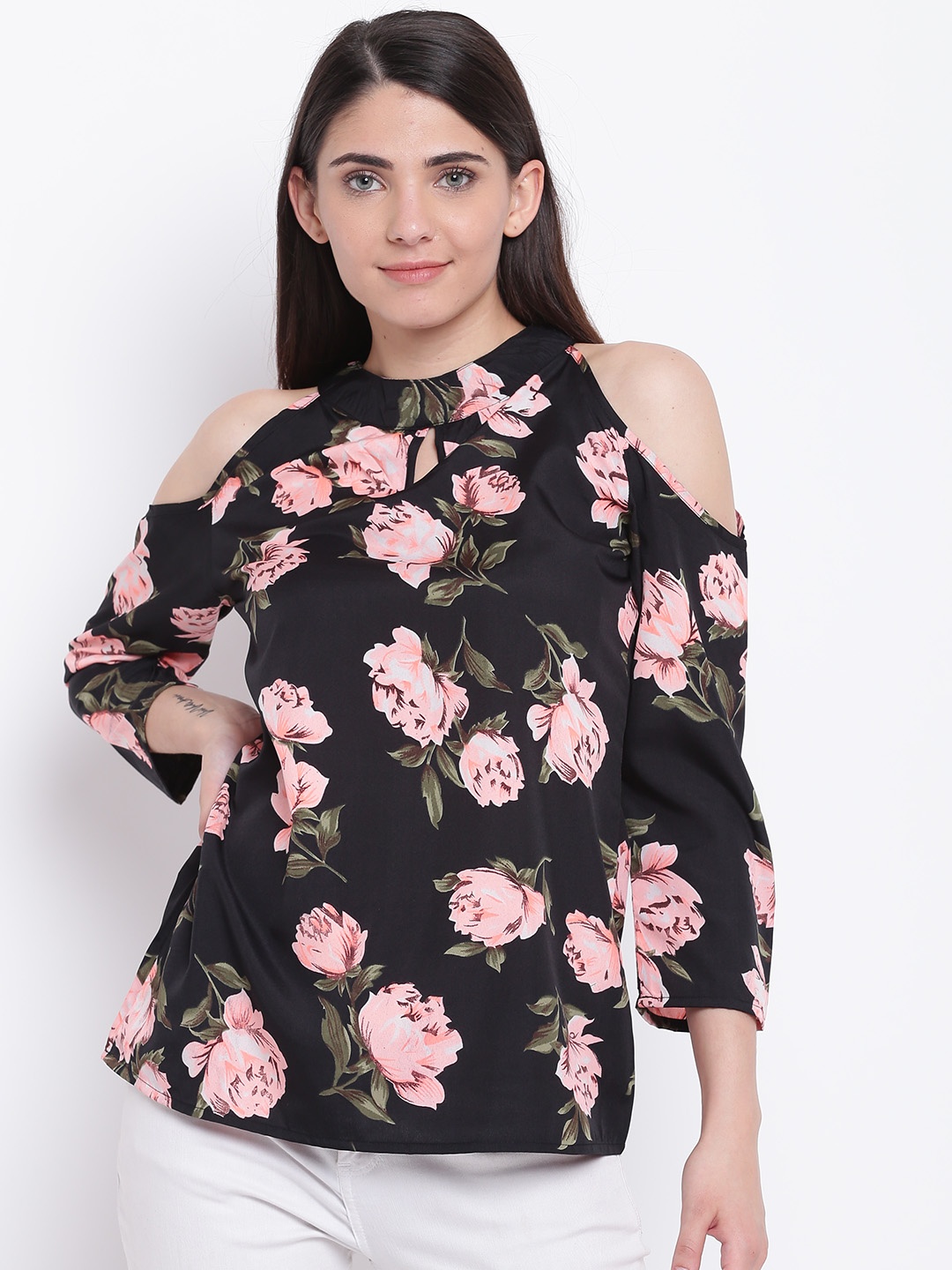 

Karmic Vision Women Black & Pink Printed Cold-Shoulder Top