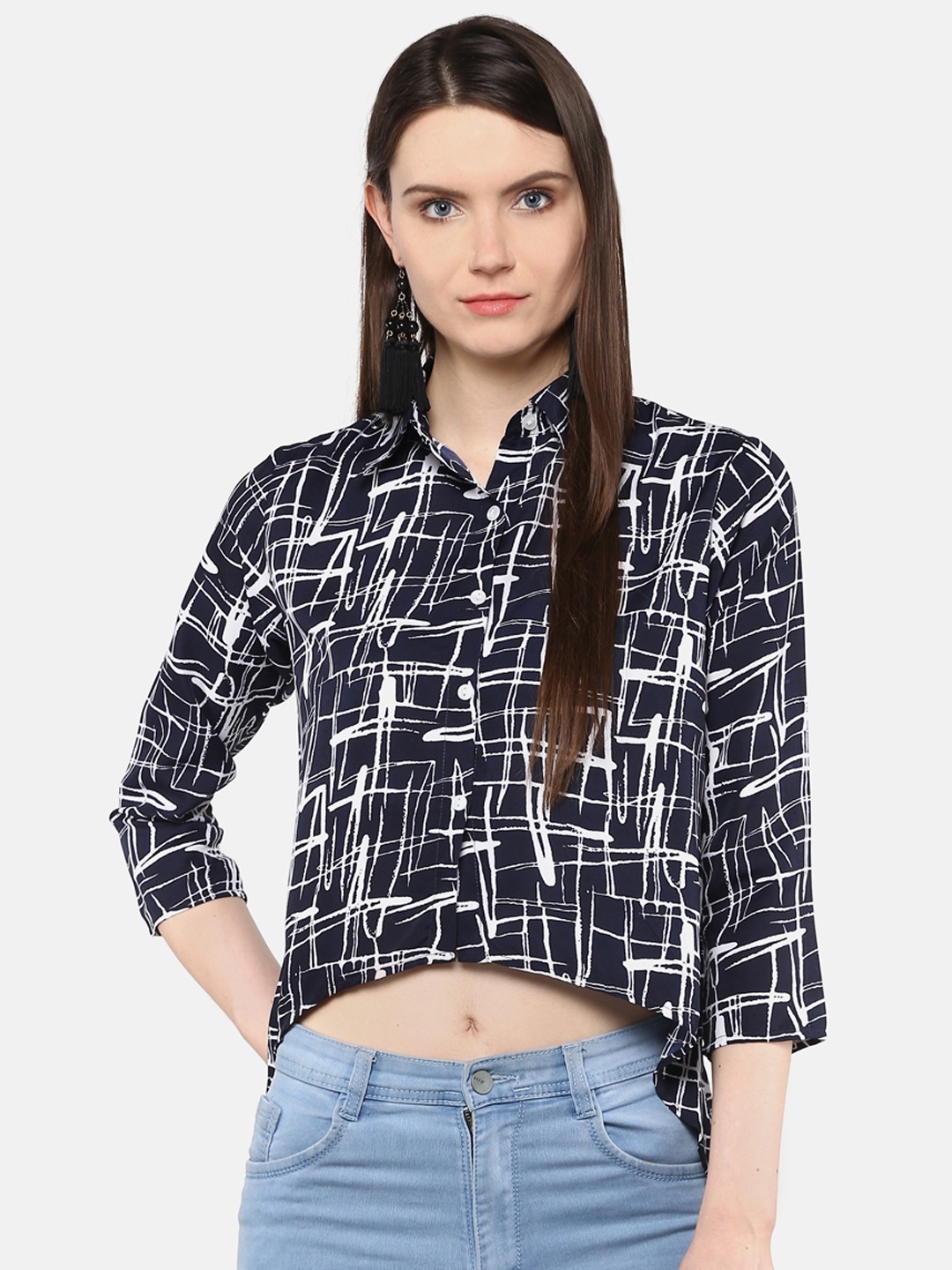 

Karmic Vision Women Navy Blue & White Printed Crop Casual Shirt