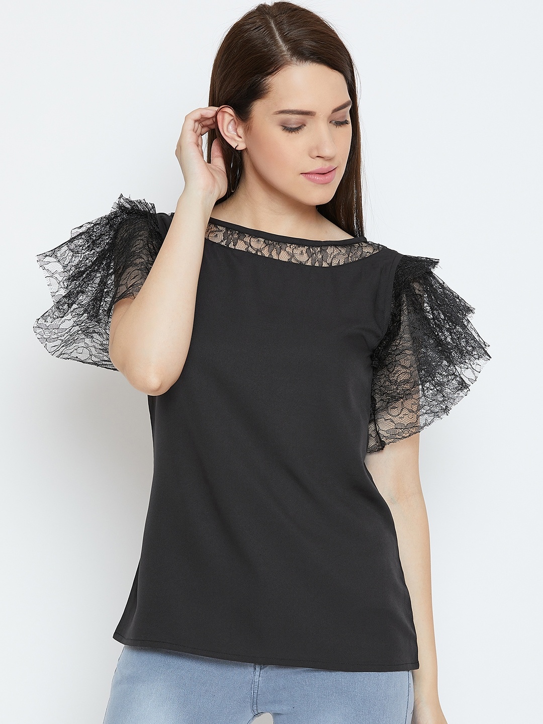 

Karmic Vision Women Black Solid Lace Detail Top