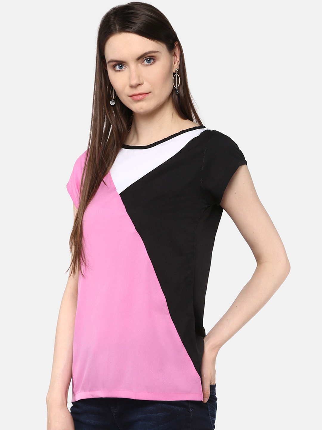 

Karmic Vision Women Pink & Black Colourblocked Top