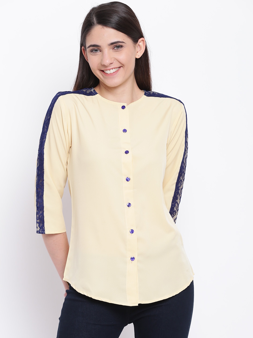 

Karmic Vision Women Beige Lace Detail Shirt-Style Top