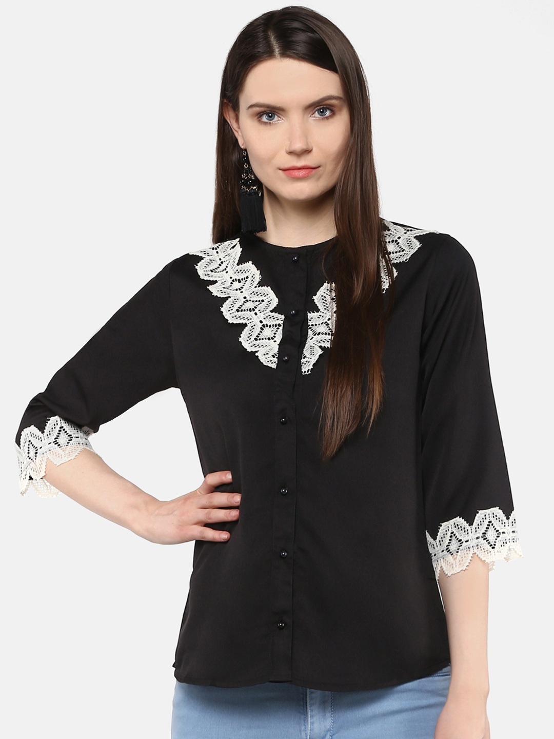 

Karmic Vision Women Black Solid Lace Inserts Top