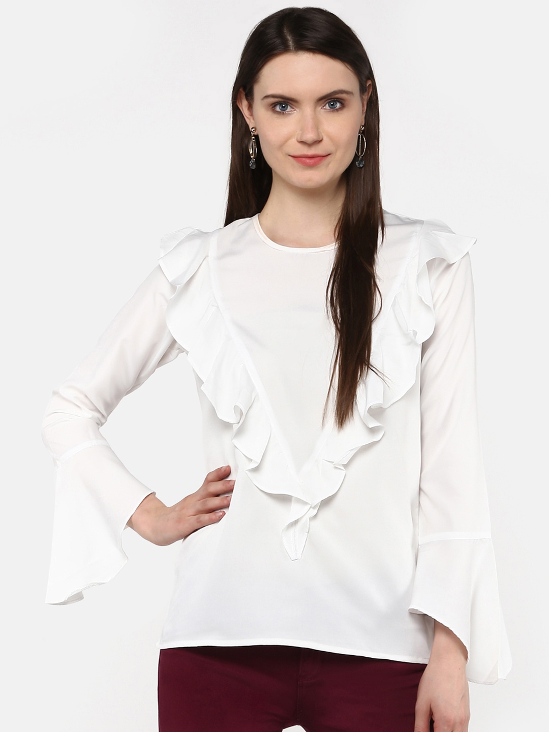 

Karmic Vision Women White Solid Ruffle Detail Top