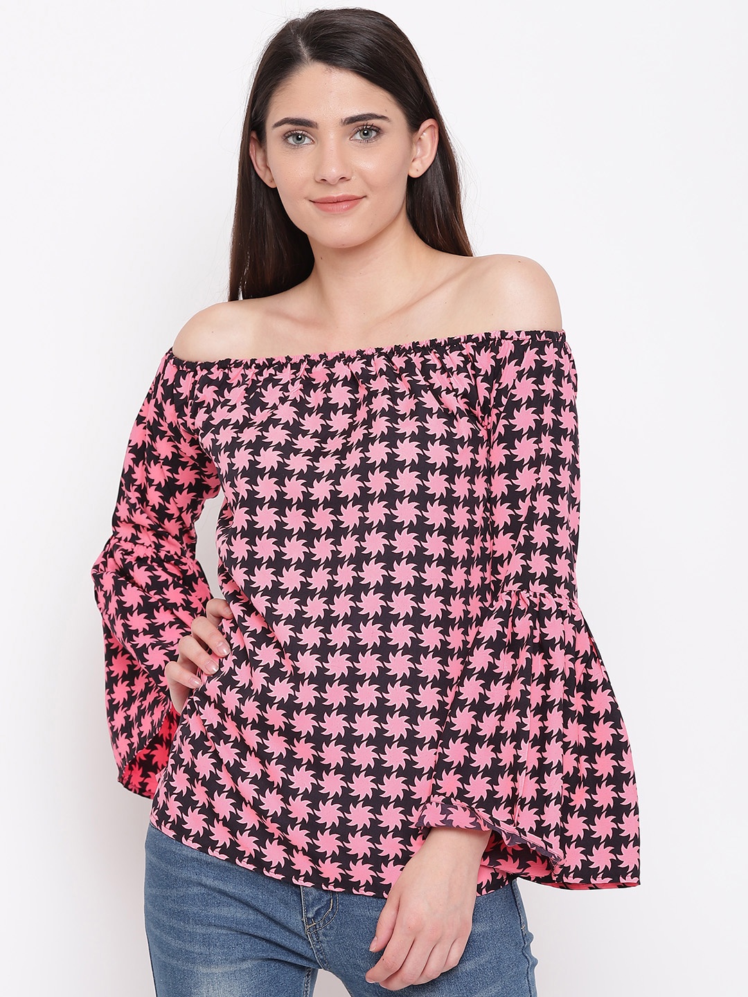 

Karmic Vision Women Black & Coral Pink Printed Bardot Top