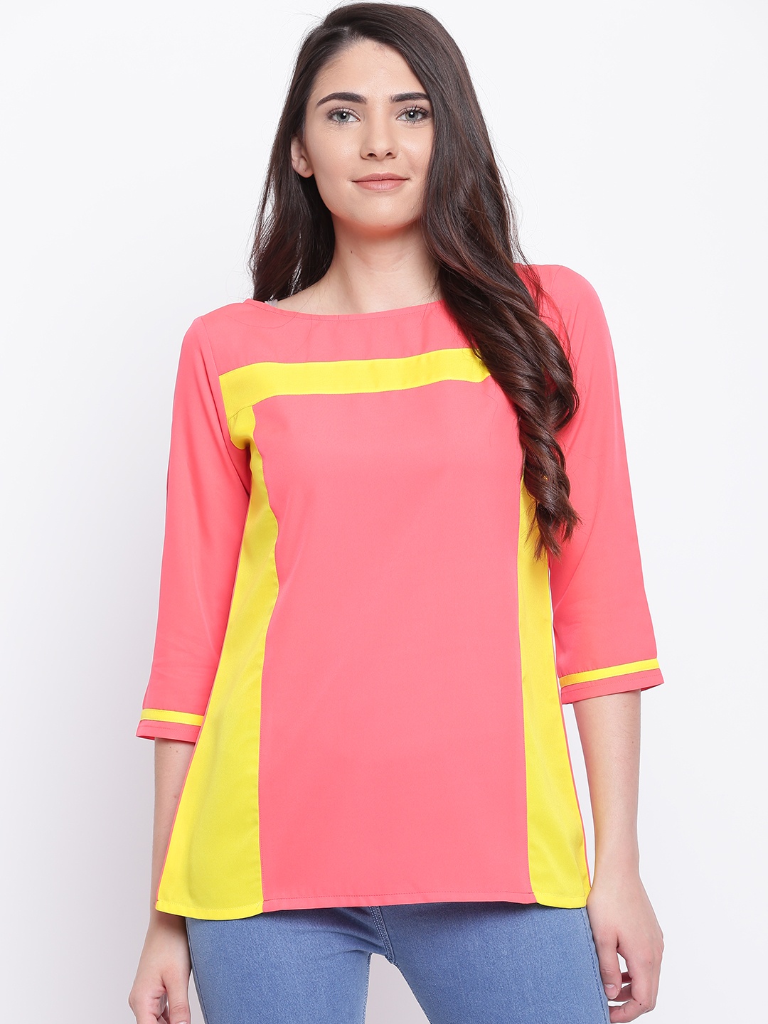 

Karmic Vision Women Coral Pink & Yellow Colourblocked Top