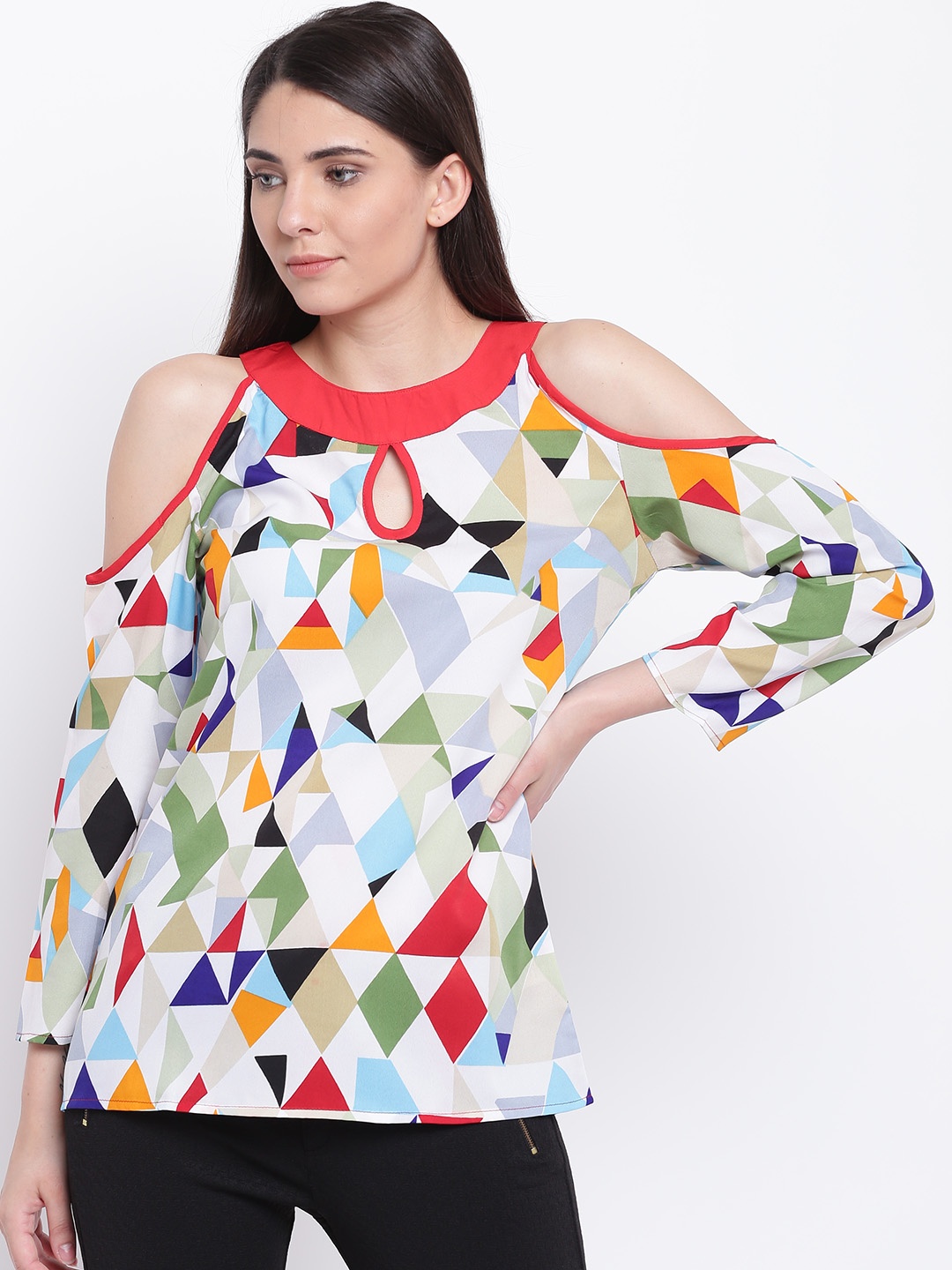 

Karmic Vision Women White & Red Printed Regular Cold-Shoulder Top