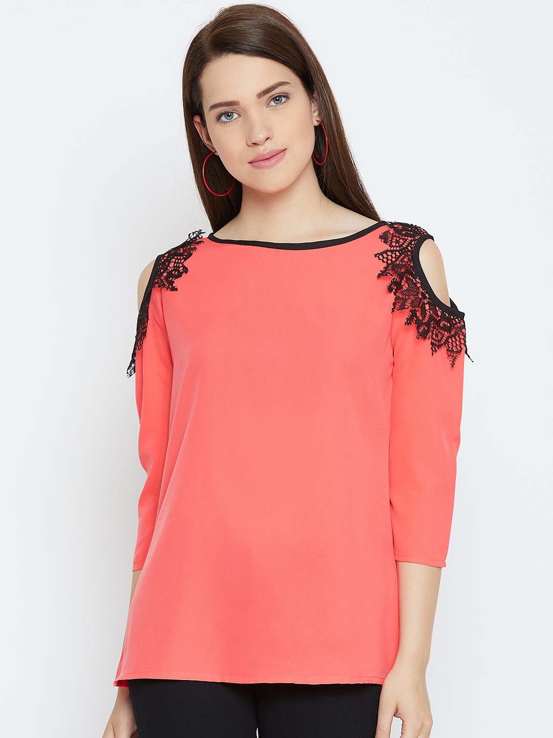 

Karmic Vision Women Coral Pink Solid Cold-Shoulder Top