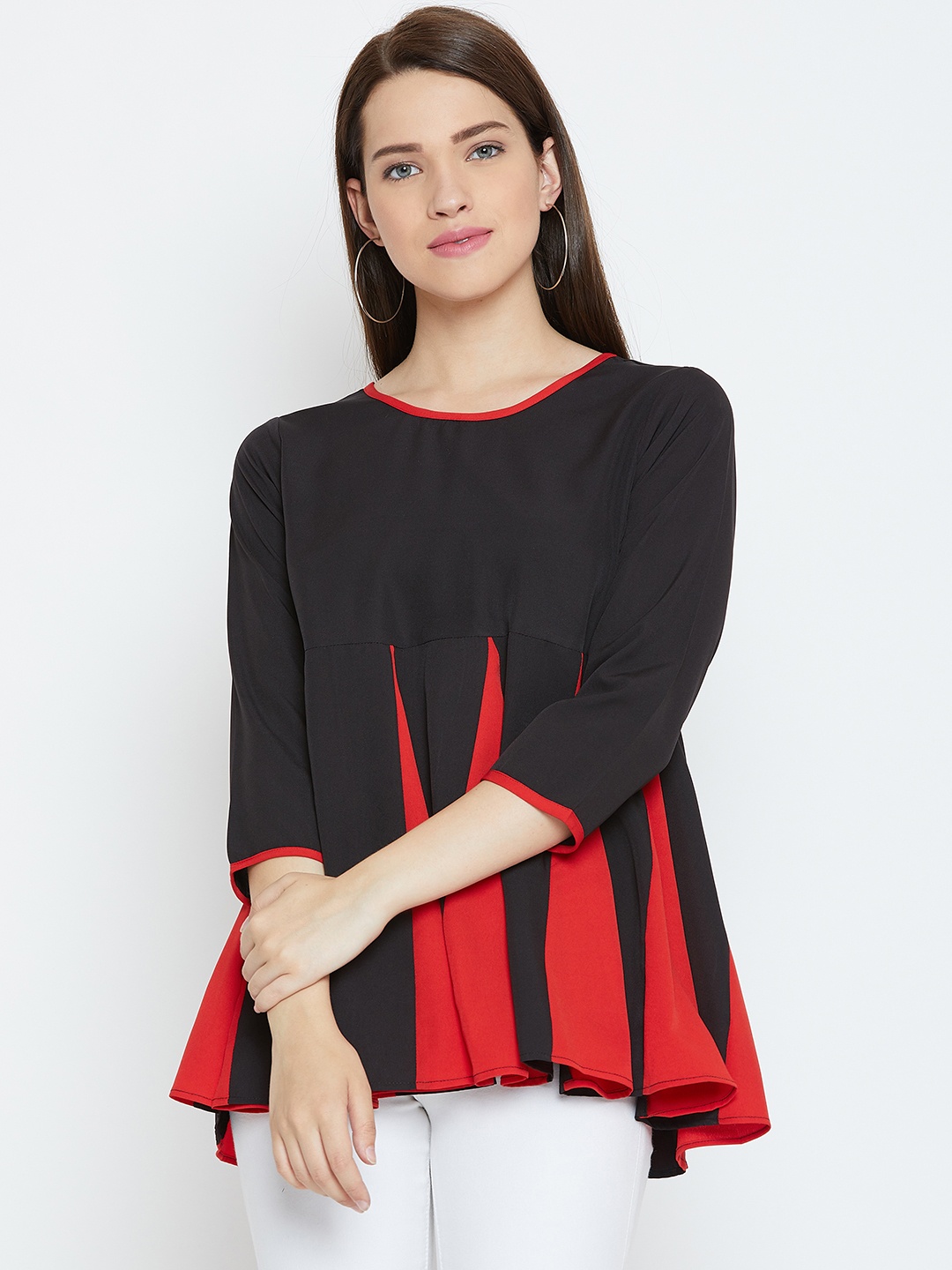 

Karmic Vision Women Black & Red Colourblocked A-Line Top