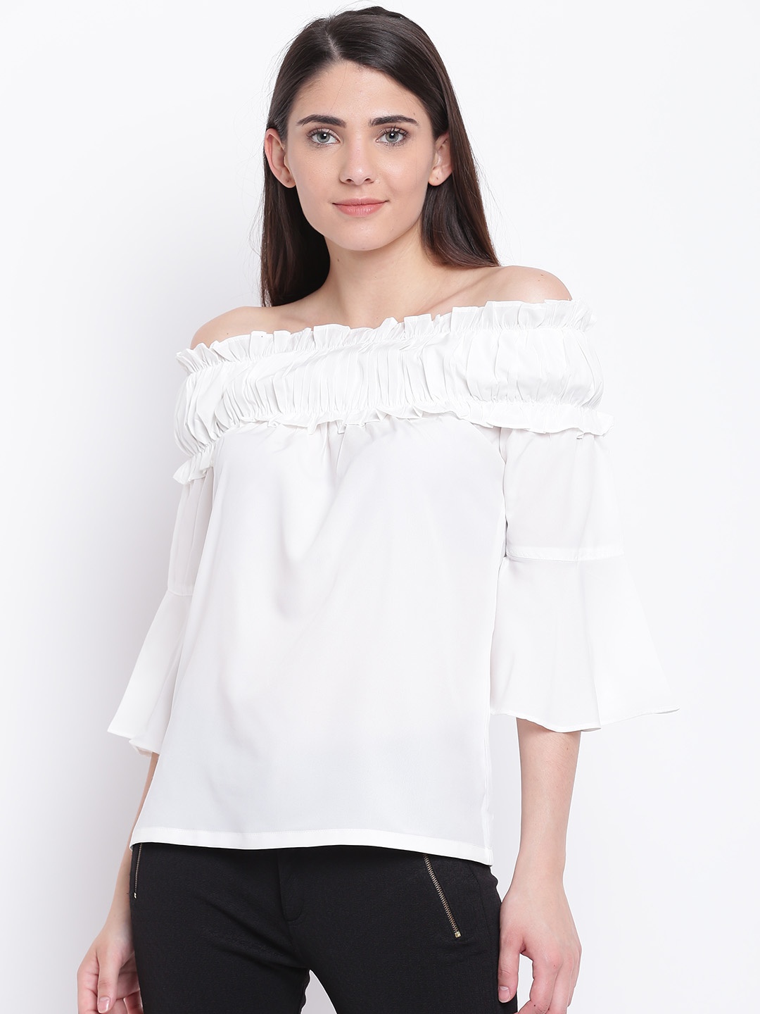 

Karmic Vision Women White Solid Bardot Top