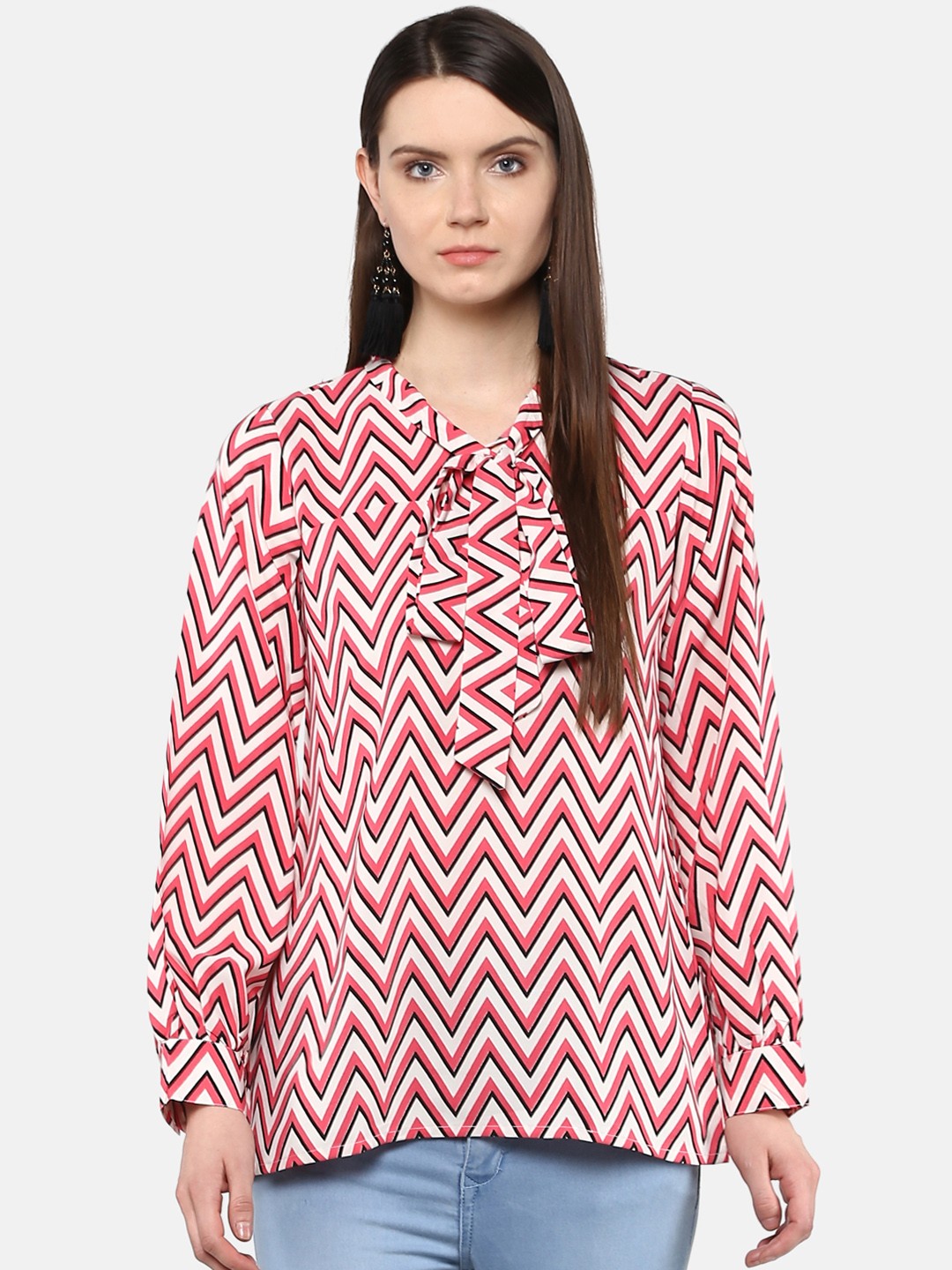

Karmic Vision Woman Coral Pink & White Printed Top