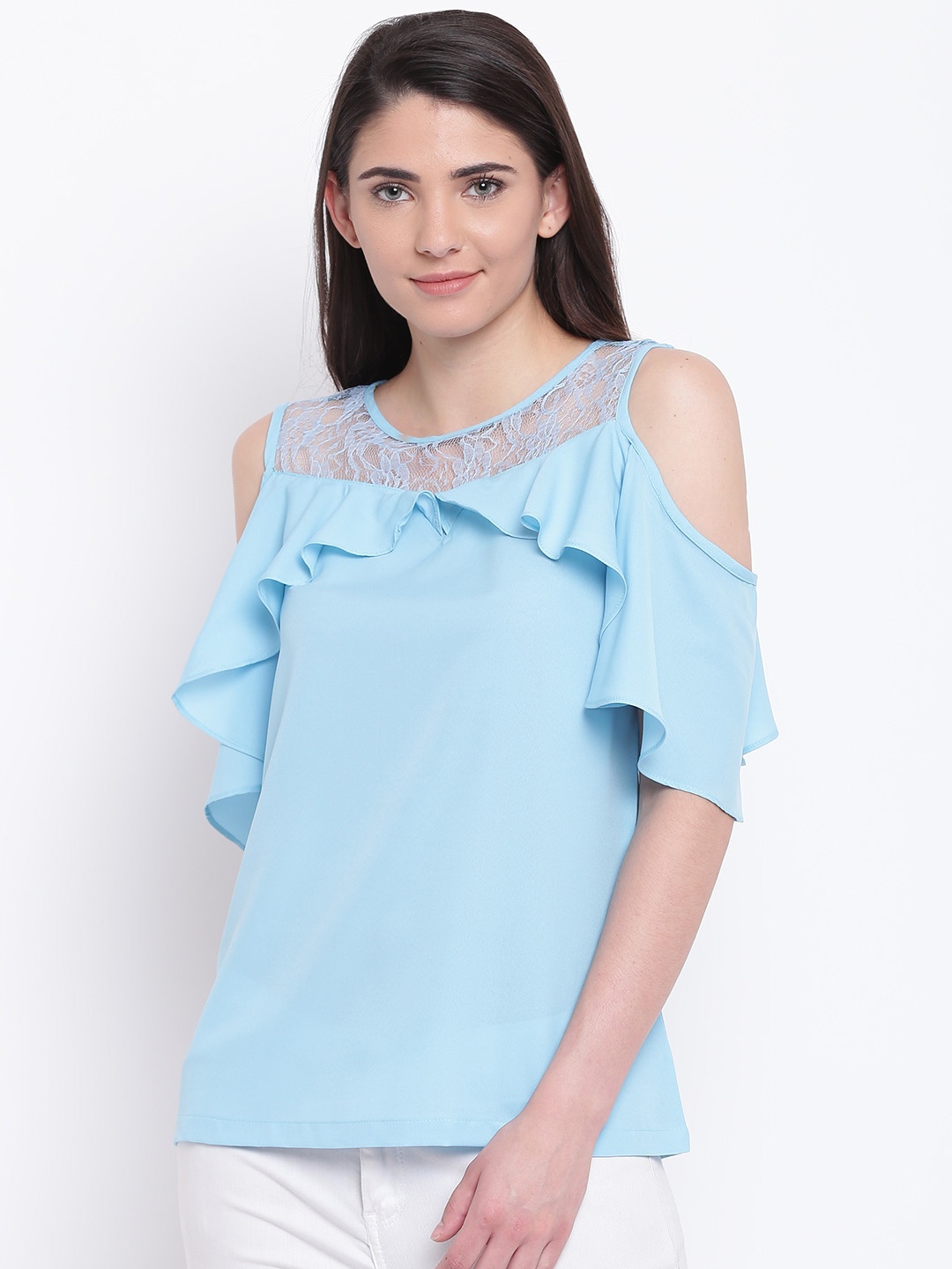 

Karmic Vision Women Blue Solid Layered Cold-Shoulder Top