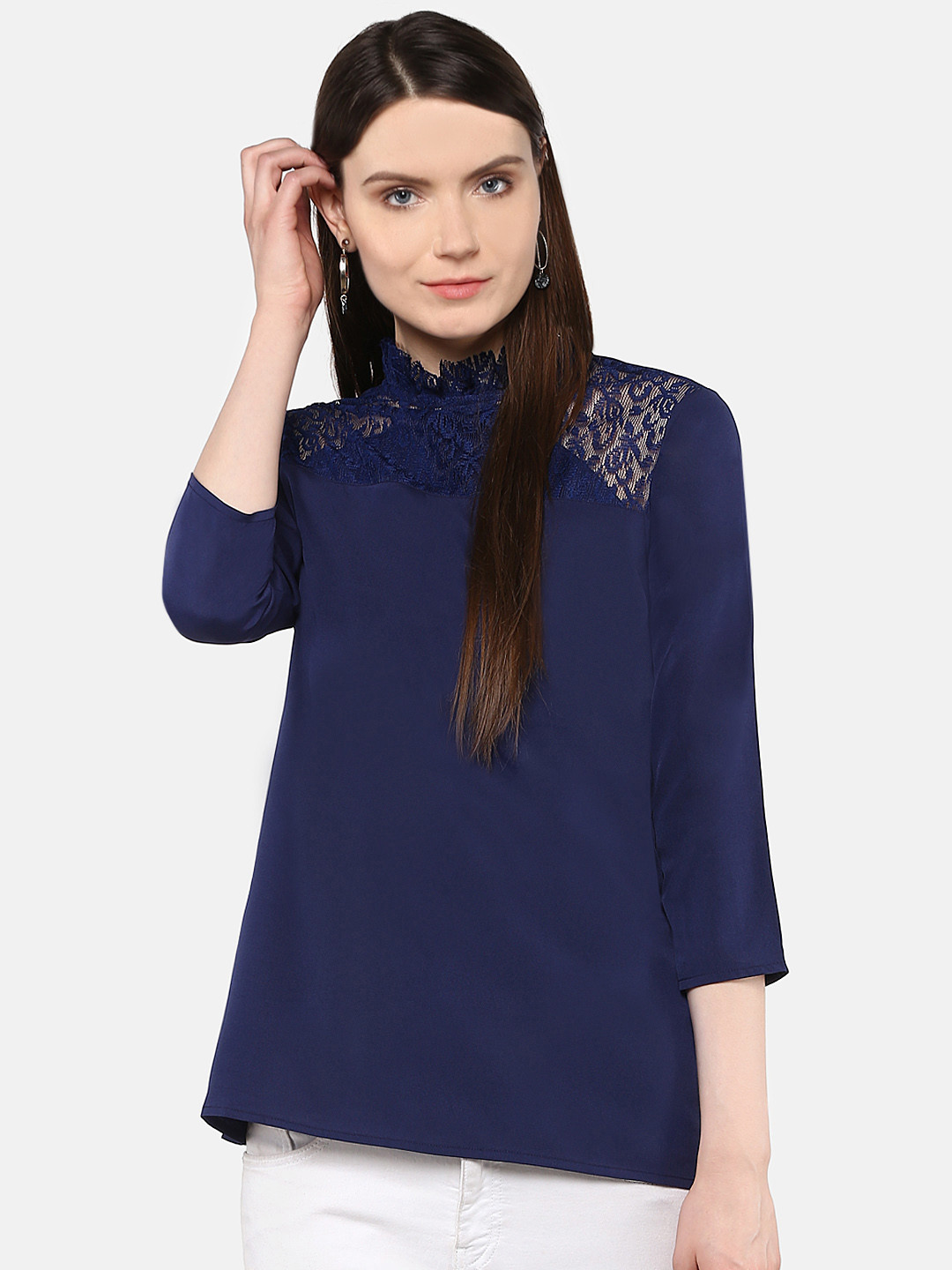 

Karmic Vision Women Navy Blue Solid Lace Detail Top