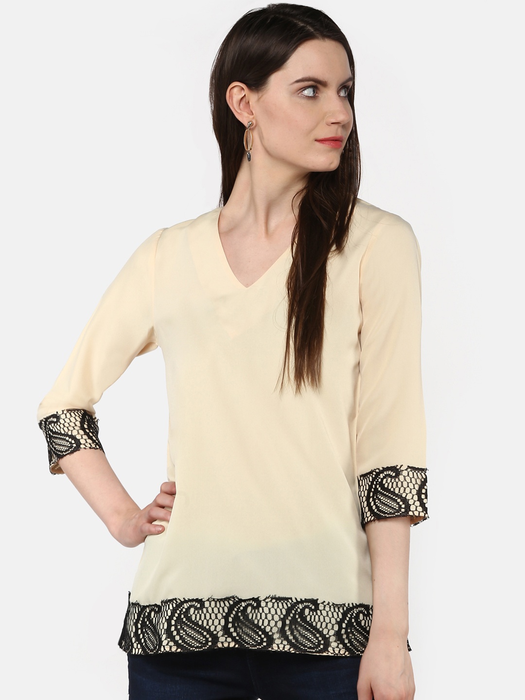 

Karmic Vision Women Cream-Coloured Solid A-Line Top