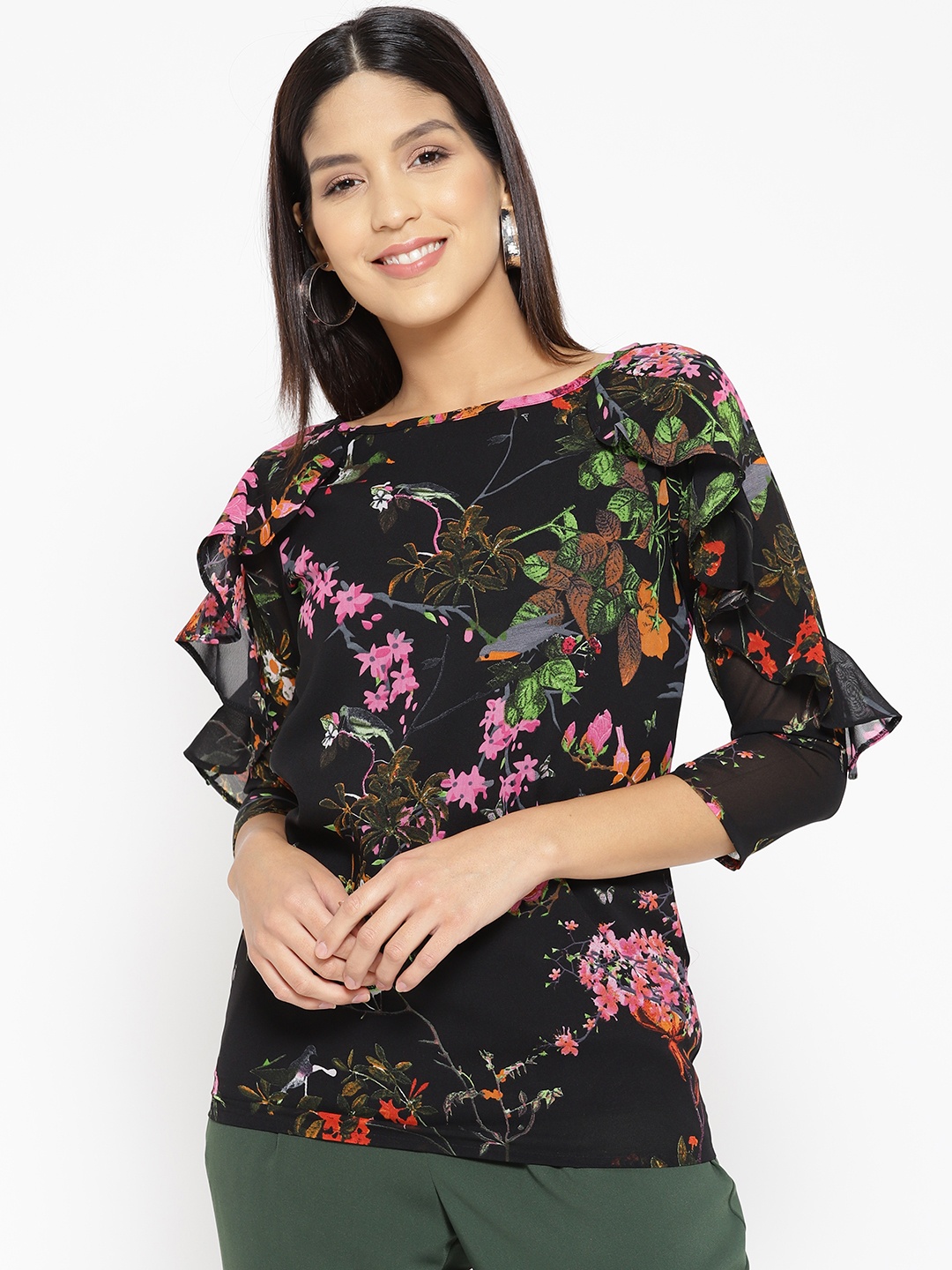 

Karmic Vision Women Black Floral Print Top