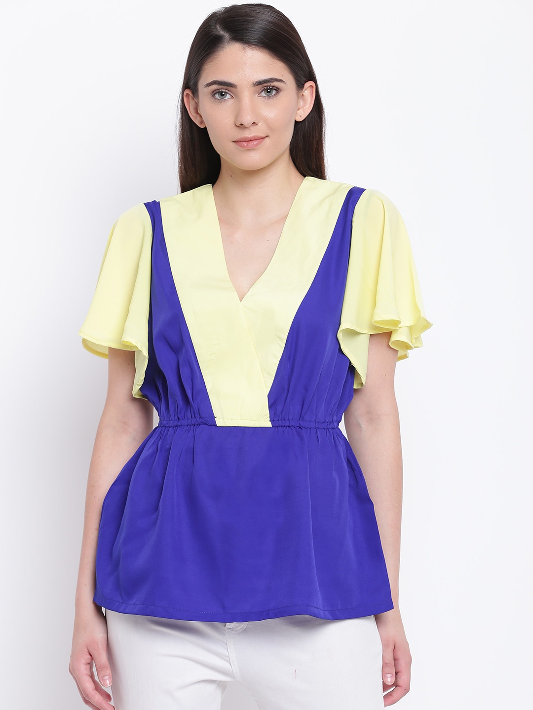 

Karmic Vision Women Blue & Yellow Colourblocked Cinched Waist Top