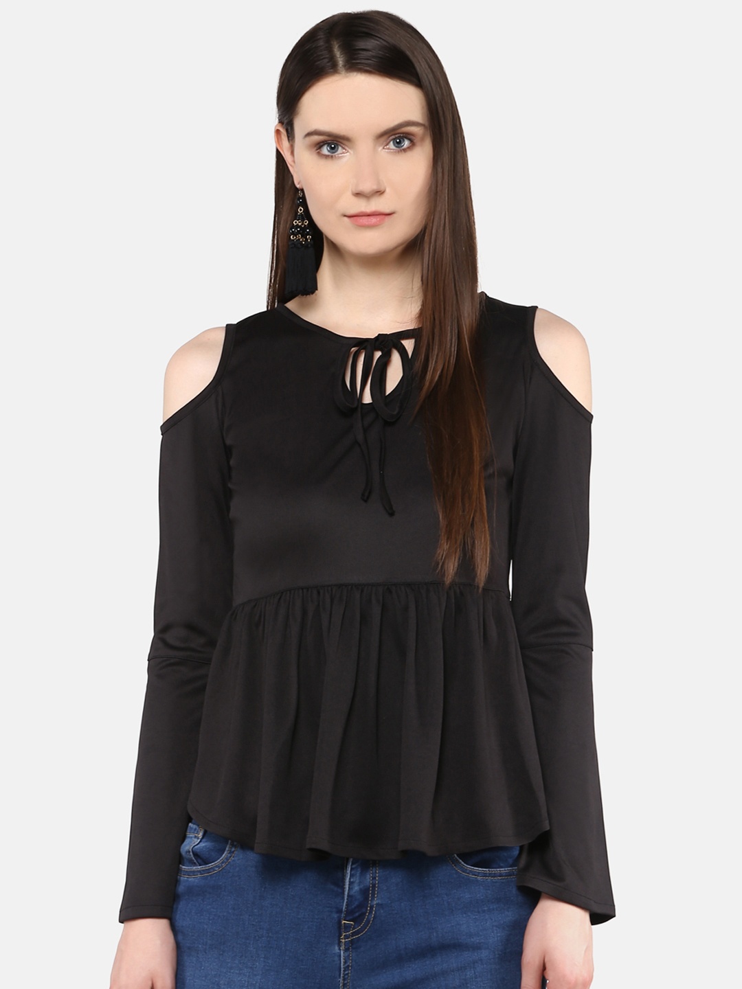 

Karmic Vision Women Black Cold-Shoulder Solid A-Line Top