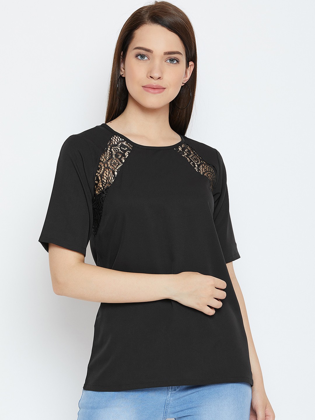 

Karmic Vision Black Solid Lace Inserts Top