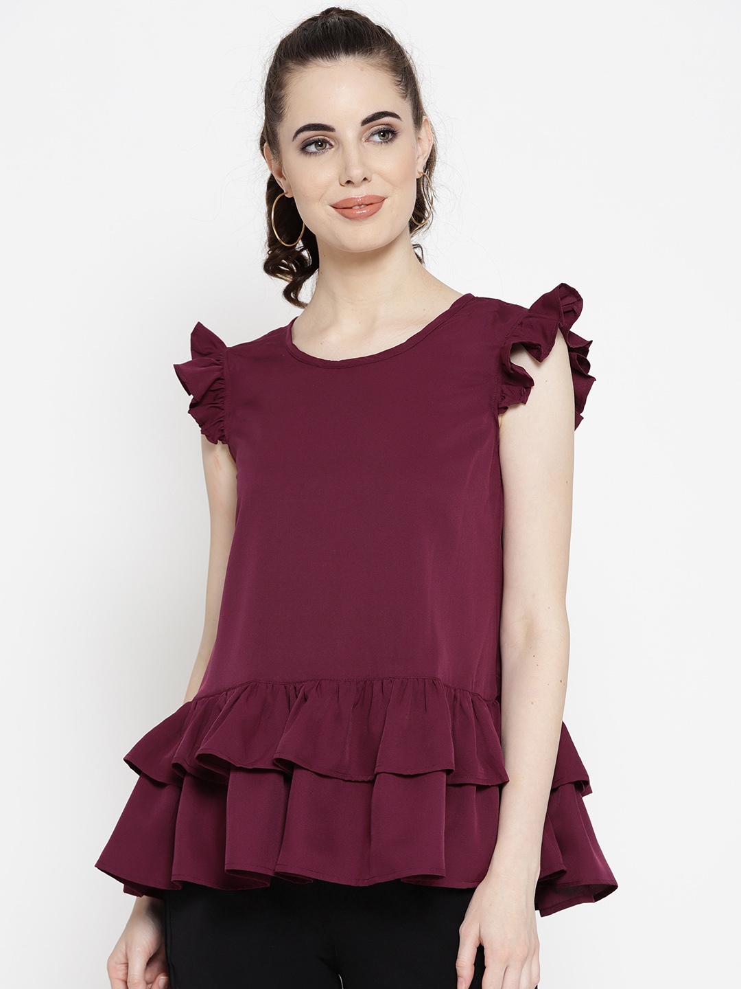 

Karmic Vision Women Burgundy Solid Layered A-Line Top