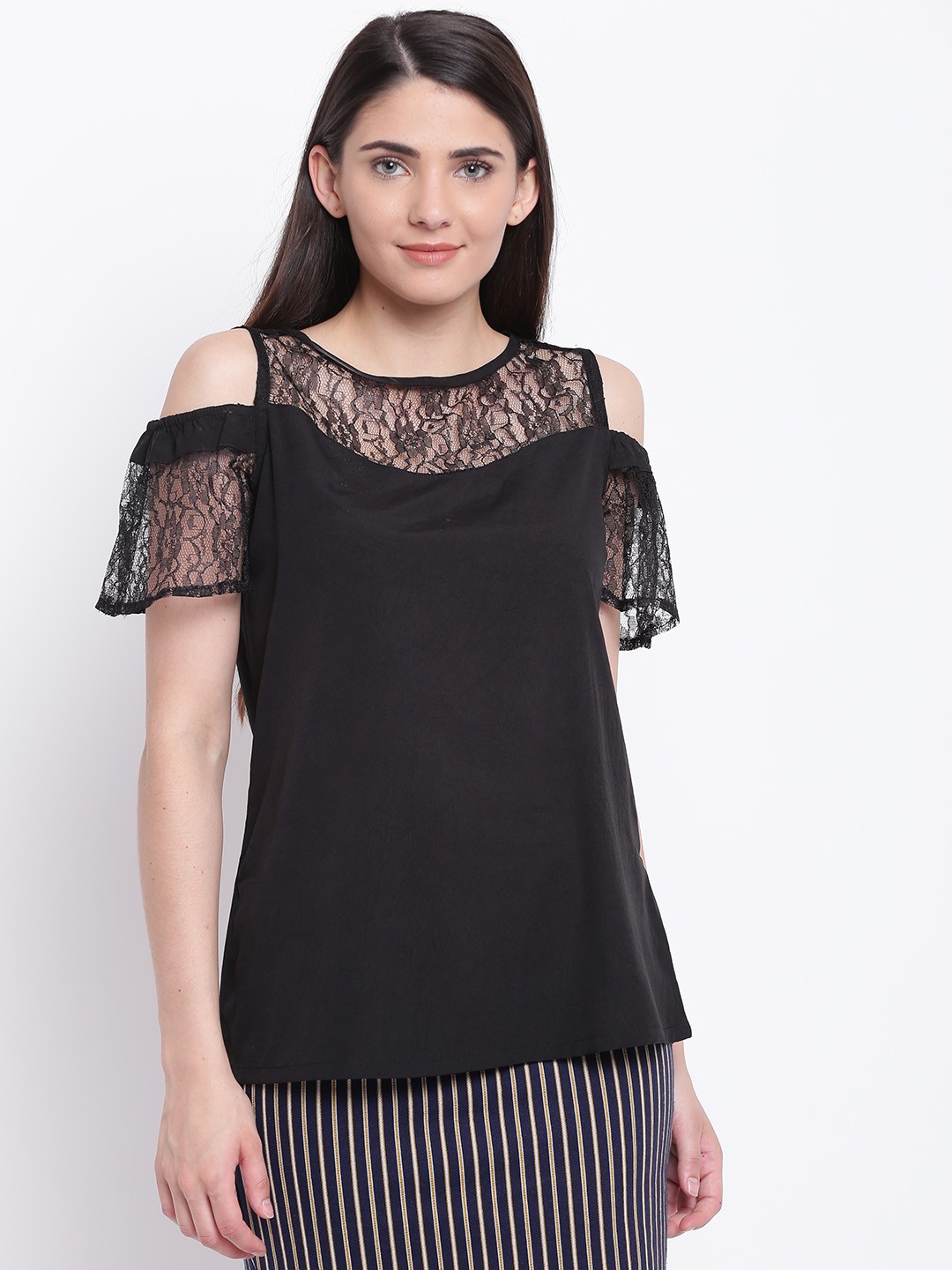 

Karmic Vision Women Black Lace Detail Cold-Shoulder Top