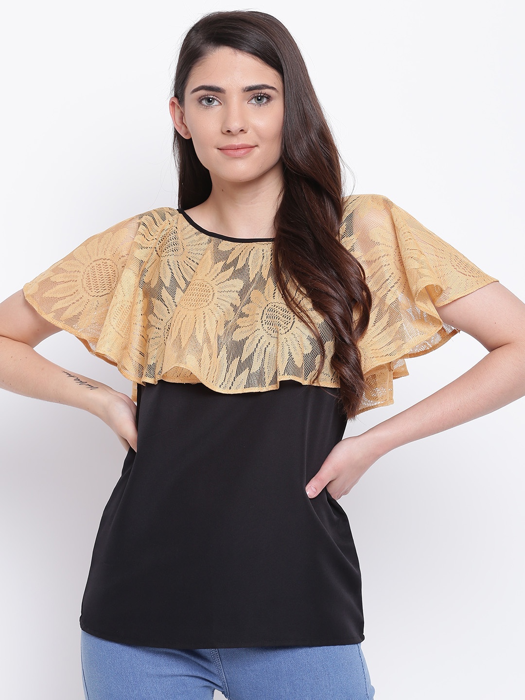 

Karmic Vision Women Black & Beige Solid Layered Top