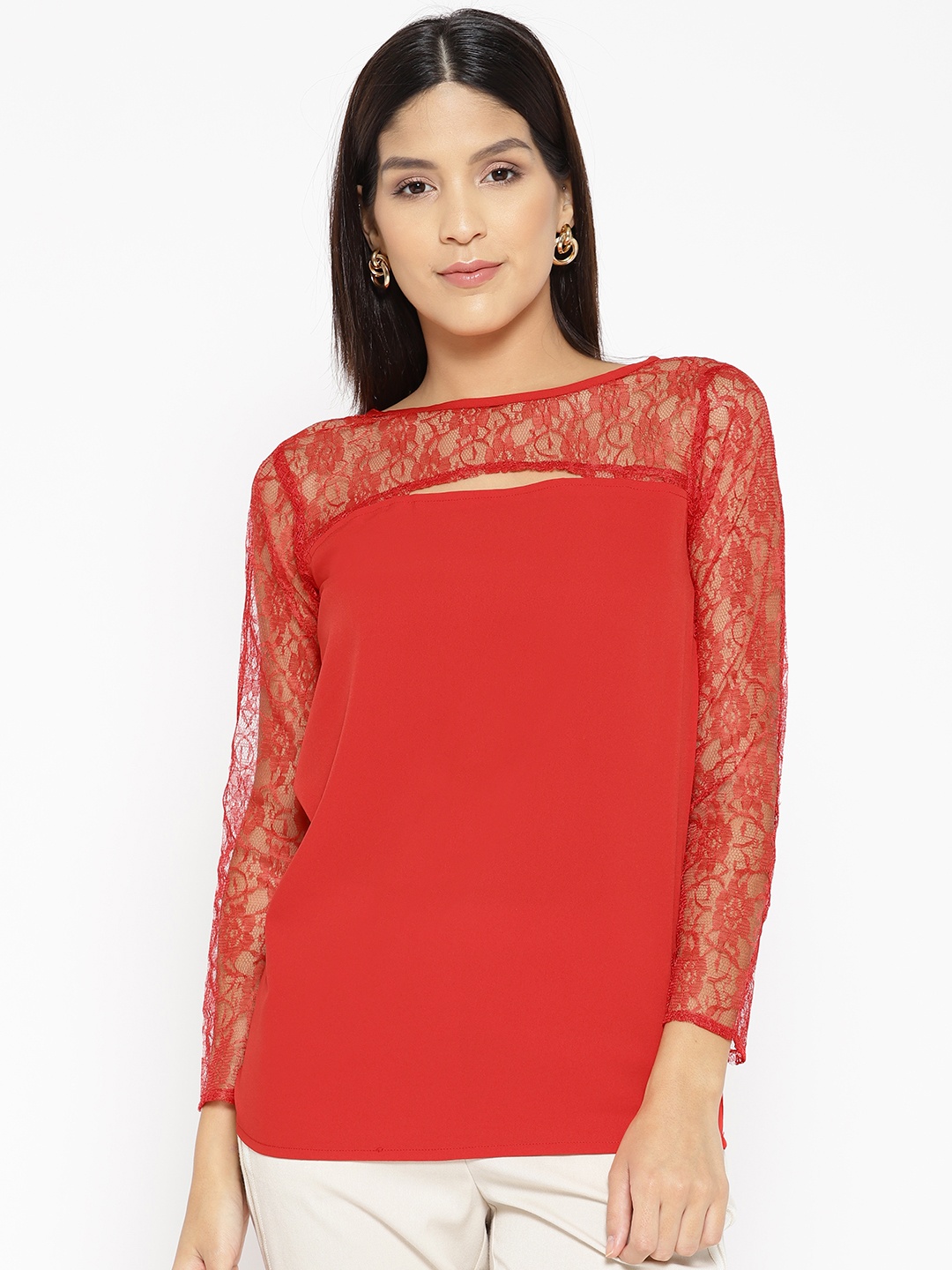 

Karmic Vision Women Red Lace Detail Top