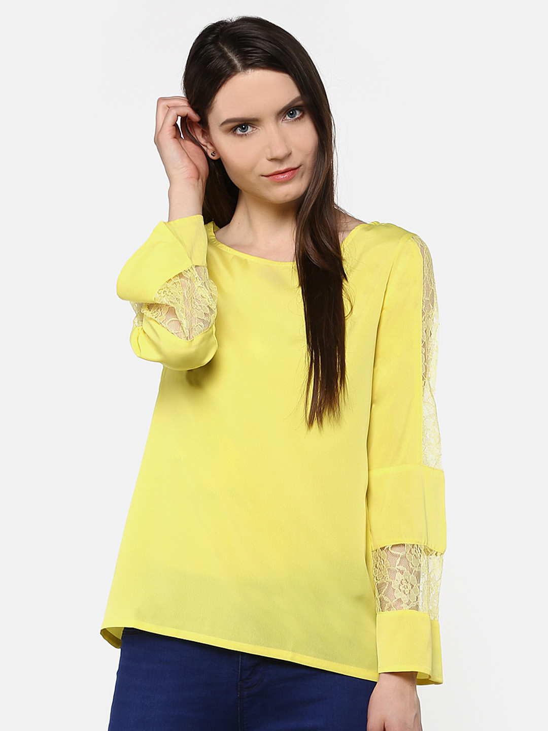 

Karmic Vision Yellow Solid Lace Inserts Top